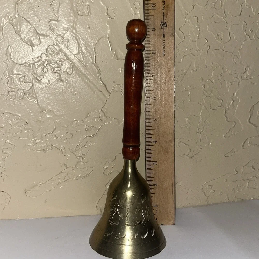 Vintage Brass School Bell Etched with‎ Wooden  Handle 9